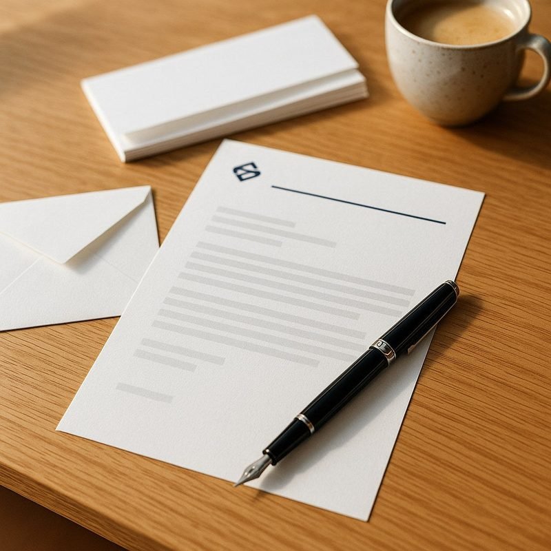 Briefpapier met briefhoofd en vulpen op een bureau
