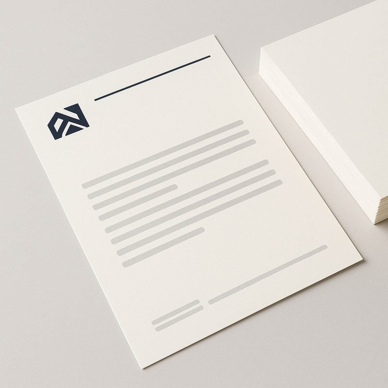 Stapel gedrukt briefpapier met briefhoofd op een bureau