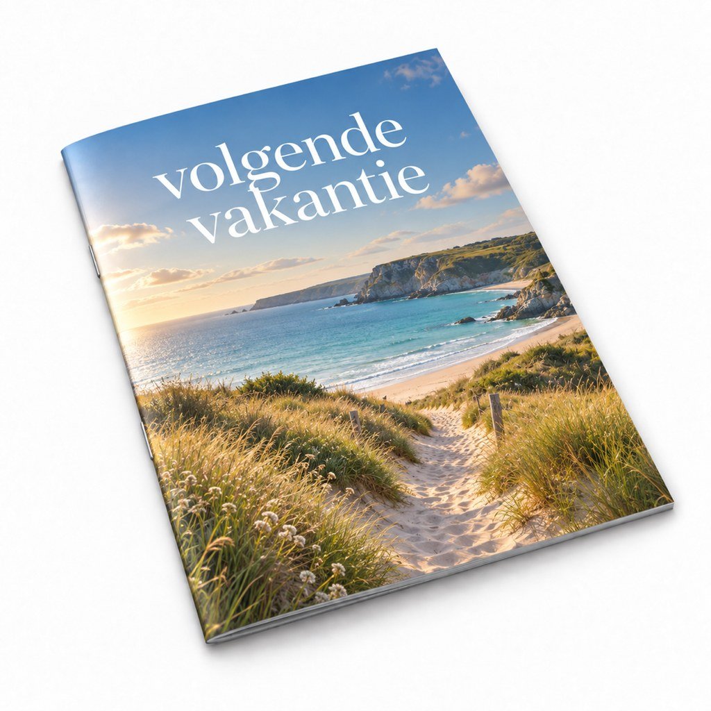 Gesloten geniete brochure met een strandfoto en de titel volgende vakantie op de omslag