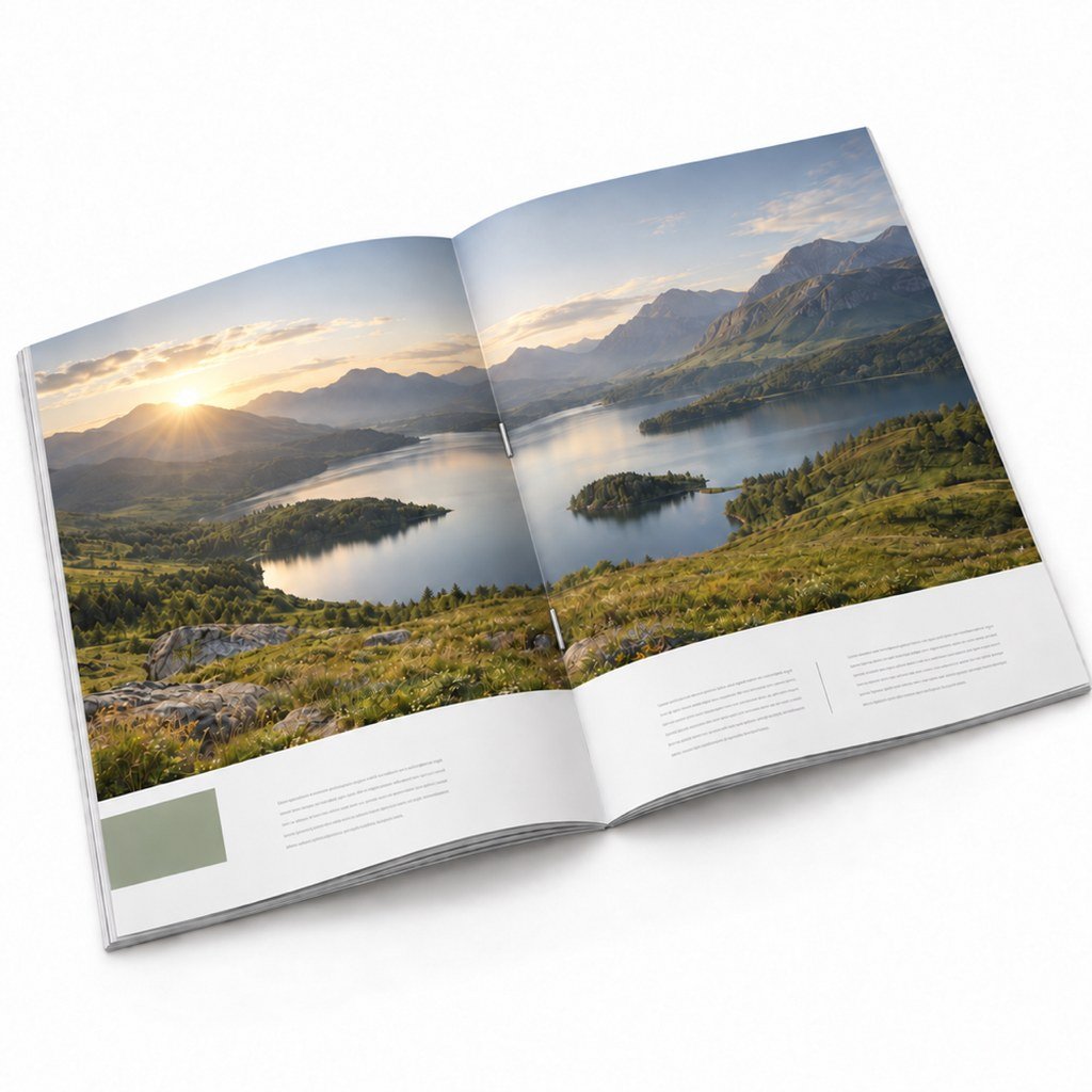 Opengeslagen geniete brochure met een landschap over twee pagina's en twee nietjes in de rug
