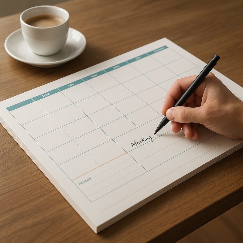 Bureauonderlegger met weekplanning waar iemand op schrijft