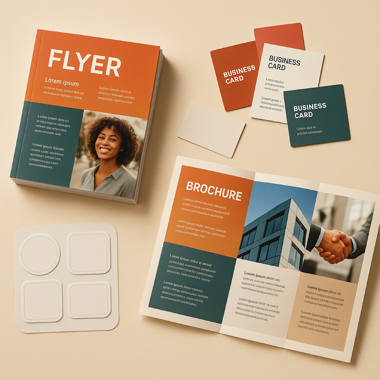 Kleurrijke stapel vers gedrukte flyers, visitekaartjes, een folder en stickers op een lichte ondergrond