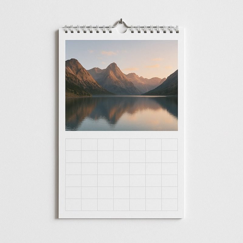 Wire-o muurkalender met kleurrijke fotopagina's aan de muur