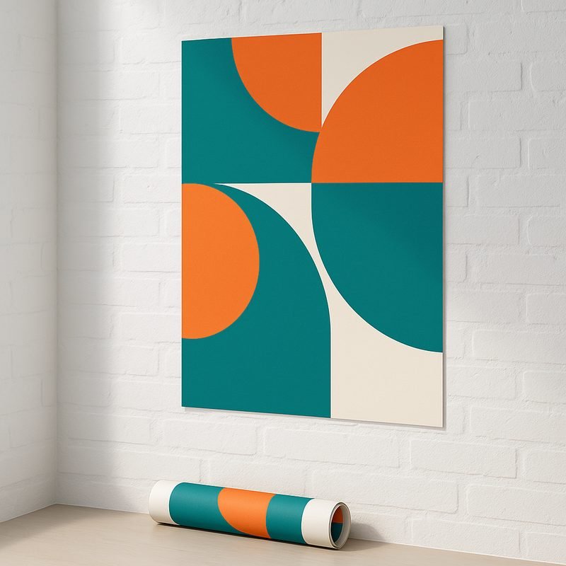 Poster aan een witte wand met opgerolde poster ernaast