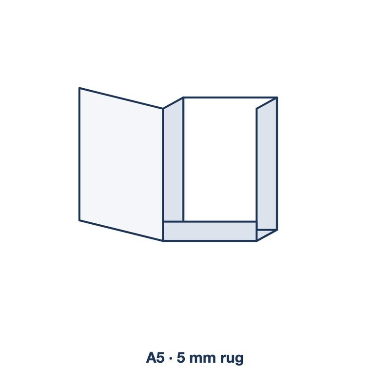 Maattekening van een A5-presentatiemap met 5 mm rug