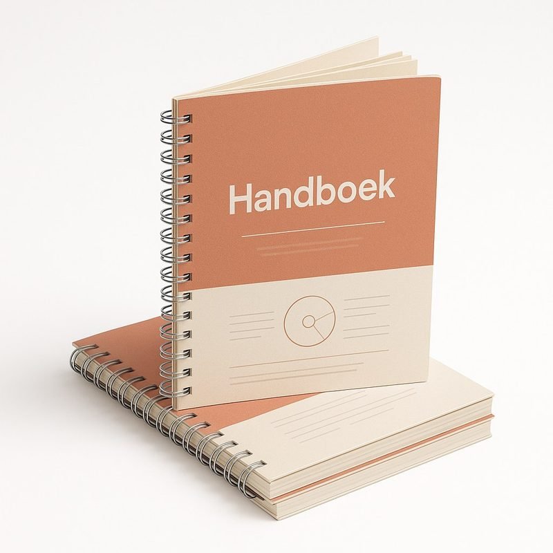 Wire-o handboek met terracotta omslag op een stapel